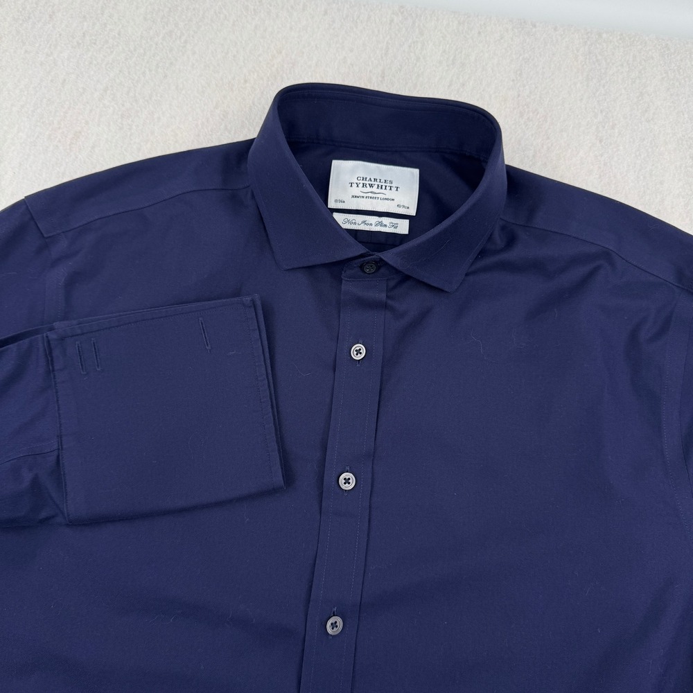 Charles Tyrwhitt Mens Navy Blue Non Iron Slim Fit French Cuff Dress Shirt 17-36